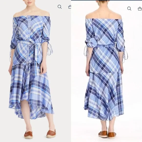 Lauren Ralph Lauren Plaid Off Shoulder Dress Multicolor Madras Plaid Dress 10 - Picture 3 of 16